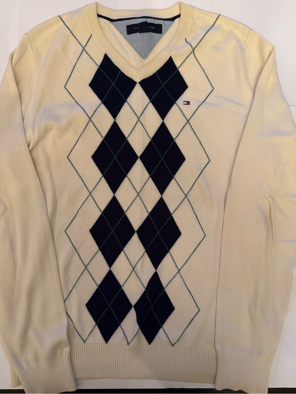 Tommy Hilfiger Men’s Cream V-Neck Argyle Sweater (Men’s M) - Good Condition